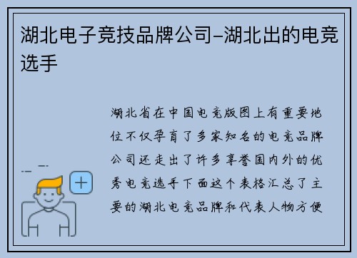 湖北电子竞技品牌公司-湖北出的电竞选手